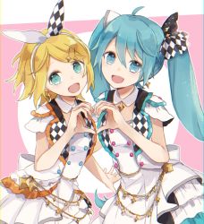 Rule 34 | 2girls, :d, aqua eyes, aqua hair, arm up, black bow, blonde hair, bow, buttons, checkered bow, checkered clothes, checkered vest, collar, commentary, cowboy shot, dress, earrings, frilled dress, frills, green eyes, hair bow, hair ornament, hairclip, hatsune miku, heart, heart hands, jewelry, kagamine rin, long hair, more more jump! miku, more more jump! rin, multiple girls, open mouth, pink background, project sekai, short hair, short sleeves, sidelocks, simple background, smile, twintails, two-tone background, utaori, vest, vocaloid, white background, white bow, white dress