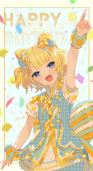 Rule 34 | 1girl, :d, arm up, blonde hair, blue eyes, blue jacket, blunt bangs, bow, commentary request, cone hair bun, confetti, cowboy shot, double bun, epaulettes, hair bow, hair bun, happy birthday, idol clothes, inogashi, jacket, minami mirei, open mouth, outstretched arm, pointing, pointing up, pretty series, pripara, puffy short sleeves, puffy sleeves, short hair, short sleeves, smile, solo, standing, wrist cuffs