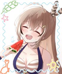 Rule 34 | 1girl, ahoge, black hair, breasts, brown hair, cleavage, crossed bangs, daikon keroi, feather hair ornament, feathers, food, fruit, giving food, hair ornament, hairclip, highres, hololive, hololive english, hololive summer 2023 swimsuit, long hair, medium breasts, multicolored hair, nanashi mumei, open mouth, ponytail, runes, sidelocks, signature, simple background, smile, solo, star (symbol), streaked hair, sun symbol, sweat, swimsuit, virtual youtuber, watermelon, white background, white hair