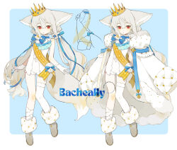 Rule 34 | 1girl, animal ear fluff, animal ears, artist name, asymmetrical legwear, bacheally, blue background, blue bow, blue ribbon, boots, border, bow, bowtie, brown footwear, character sheet, coat, collar, crown, dress, fox ears, fox girl, fox tail, frilled collar, frills, fur-trimmed boots, fur-trimmed coat, fur trim, gloves, grey hair, highres, knees together feet apart, large ears, leaning back, letterboxed, long hair, looking at viewer, low twintails, mini crown, multiple views, original, outstretched arms, red eyes, ribbon, sakurada shiro (hy plus), signature, single thighhigh, socks, spread arms, standing, star (symbol), striped ribbon, tail, thighhighs, tiptoes, twintails, uneven legwear, very long hair, white border, white gloves, white hair, white socks, white thighhighs, yellow ribbon