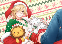 Rule 34 | alternate costume, blonde hair, blue pants, christmas, closed mouth, earrings, elf hat, genshin impact, hair between eyes, hair ornament, jewelry, kaveh (genshin impact), long hair, male focus, merry christmas, midriff, multicolored clothes, multicolored shirt, pants, red eyes, red headwear, red sleeves, stomach, stuffed animal, stuffed lion, stuffed tiger, stuffed toy, twinayaume