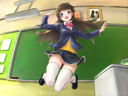 Rule 34 | 1girl, arms up, black footwear, black jacket, braid, chalkboard, classroom, commentary request, dress shirt, es (donnerschlag), french braid, frilled skirt, frills, grey skirt, highres, indoors, jacket, jumping, loafers, long hair, long sleeves, miniskirt, nijisanji, open mouth, orange vest, panties, pantyshot, pink neckwear, pink panties, plaid, plaid skirt, shirt, shoes, skindentation, skirt, smile, solo, thighhighs, tsukino mito, tsukino mito (1st costume), underwear, vest, virtual youtuber, white shirt, white thighhighs