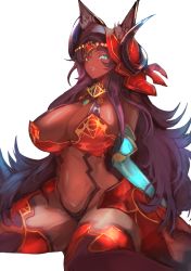 Rule 34 | 1girl, animal ear fluff, animal ears, blue eyes, breasts, cleavage, commentary, dark-skinned female, dark skin, fate/grand order, fate (series), highres, horns, jackal ears, large breasts, long hair, looking at viewer, navel, purple hair, queen of sheba (fate), sayo (sayomayos), simple background, sitting, smile, solo, thighhighs, very long hair, white background