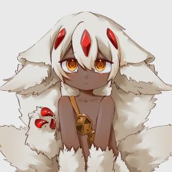 Rule 34 | 1girl, :c, animal ears, body fur, claws, collarbone, dark-skinned female, dark skin, dubian ai, extra arms, faputa, fewer digits, frown, hand up, highres, horns, looking at viewer, made in abyss, monster girl, multiple horns, multiple tails, red horns, short hair, shoulder belt, simple background, solo, straight-on, tail, upper body, v arms, white background, white fur, white hair, yellow eyes