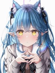 Rule 34 | 1girl, ahoge, animal ear fluff, animal ears, black bow, black bowtie, black ribbon, blue hair, bow, bowtie, brown shirt, cat ears, commentary request, extra ears, grey jacket, hair ribbon, hands up, highres, hololive, jacket, kasakai hikaru, long hair, long sleeves, looking at viewer, multicolored hair, parted lips, pocky day, pointy ears, ribbon, shirt, simple background, solo, streaked hair, two side up, upper body, virtual youtuber, white background, yellow eyes, yukihana lamy, yukihana lamy (casual)