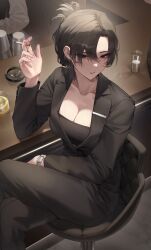 Rule 34 | 1girl, absurdres, ashtray, bar (place), bar stool, black eyes, black pants, black suit, black tube top, breasts, cigarette, cleavage, collarbone, commentary, crossed legs, cup, drinking glass, feet out of frame, formal, highres, holding, holding cigarette, large breasts, looking at viewer, original, pants, parted bangs, sabotensuteeki, shirt, sitting, solo, stool, strapless, suit, tube top, watch, white shirt, wristwatch