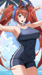 Rule 34 | 1girl, absurdres, animal ears, armpits, arms up, bare arms, bare shoulders, blue gemstone, blue one-piece swimsuit, blush, breasts, brown hair, competition school swimsuit, competition swimsuit, covered navel, daiwa scarlet (umamusume), gem, hair intakes, hair ornament, highres, horse ears, horse girl, kawa683, large breasts, long hair, one-piece swimsuit, open mouth, outdoors, red eyes, school swimsuit, solo, swimsuit, thighs, tiara, umamusume, very long hair, water