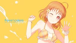Rule 34 | 10s, 1girl, 6u (eternal land), ahoge, bikini, blush, breasts, english text, halterneck, highres, looking at viewer, love live!, love live! sunshine!!, non-web source, one eye closed, orange hair, red eyes, short hair, simple background, small breasts, smile, solo, splashing, swimsuit, takami chika, text focus, wallpaper, waving