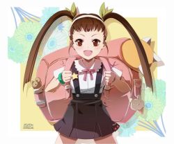 Rule 34 | 1girl, :d, backpack, bag, bakemonogatari, blush, bow, bracelet, brown eyes, brown hair, commentary request, fang, green bow, hachikuji mayoi, hairband, jewelry, looking at viewer, monogatari (series), open mouth, osanpogakari, pink ribbon, ribbon, skirt, smile, solo, standing, stuffed animal, stuffed toy, suspender skirt, suspenders, thighs, twintails
