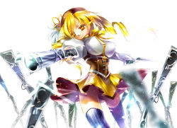 Rule 34 | 10s, 1girl, beret, blonde hair, boots, breasts, corset, detached sleeves, drill hair, female focus, fingerless gloves, gloves, gun, hair ornament, hat, large breasts, magical girl, magical musket, mahou shoujo madoka magica, one eye closed, pleated skirt, puffy sleeves, sakuyosi, skirt, solo, striped clothes, striped thighhighs, thighhighs, tomoe mami, twin drills, vertical-striped clothes, vertical-striped thighhighs, weapon, white background, wink, yellow eyes, zettai ryouiki