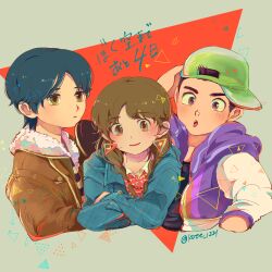 amano_natsume arihoshi_akinori artist_name backwards_hat baseball_cap blue_hair blue_jacket brown_eyes brown_hair brown_jacket crossed_arms fukumino85 fur-trimmed_jacket fur_trim hat highres jacket open_clothes open_jacket purple_eyes purple_hair smile translation_request triangle tsukinami_touma upper_body youkai_watch youkai_watch_shadowside