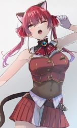 Rule 34 | 1girl, animal ears, bare shoulders, belt, breasts, cat ears, cat tail, gloves, gradient background, highres, hololive, houshou marine, kuratarou0011, navel, one eye closed, pleated skirt, red hair, see-through, skirt, sleeveless, solo, tail, twintails, virtual youtuber, white gloves, yawning, yellow eyes