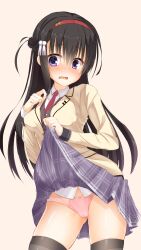 Rule 34 | 1girl, absurdres, black hair, black thighhighs, blush, cameltoe, clip studio paint (medium), clothes lift, collared shirt, commentary request, cowboy shot, embarrassed, eyes visible through hair, flashing, frown, grey skirt, hair between eyes, hair ornament, hairband, highres, jacket, lifting own clothes, long hair, long sleeves, looking at viewer, makochan42, miniskirt, necktie, nijouin hazuki, nose blush, one side up, open mouth, panties, pink panties, plaid, plaid skirt, pleated skirt, purple eyes, red hairband, red necktie, riddle joker, school uniform, shirt, simple background, skirt, skirt lift, solo, standing, straight hair, tassel, tassel hair ornament, thighhighs, underwear, very long hair, wavy mouth, white shirt, yellow background, yellow jacket