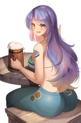 Rule 34 | 1girl, absurdres, alcohol, arm tattoo, ass, beer mug, bikini, bikini top only, blush, breasts, chair, commentary, cosplay, cup, english commentary, foam, gradient hair, green bikini, green pants, highres, hololive, hololive indonesia, large breasts, long hair, looking at viewer, moona hoshinova, mug, multicolored hair, nami (one piece), nami (one piece) (cosplay), one piece, open mouth, pants, purple hair, remirii, simple background, swimsuit, table, tattoo, virtual youtuber, wooden chair, wooden cup, wooden table, yellow eyes