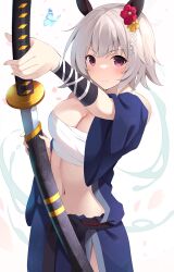 Rule 34 | 1girl, absurdres, animal ears, bandages, bare shoulders, blue kimono, blush, chest sarashi, commentary request, cowboy shot, curren chan (umamusume), highres, holding, holding sword, holding weapon, horse ears, japanese clothes, katana, kimono, looking at viewer, midriff, navel, off shoulder, open clothes, open kimono, purple eyes, sarashi, scabbard, sheath, short hair, smile, solo, standing, stomach, strapless, sword, tube top, umamusume, unsheathing, weapon, white background, white hair, zeatto