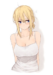 Rule 34 | 1girl, absurdres, arms behind back, bare shoulders, blonde hair, blue eyes, blush, breasts, camisole, cleavage, flying sweatdrops, hair between eyes, highres, kinpatsu-chan (rucchiifu), large breasts, looking away, looking to the side, original, rucchiifu, sidelocks, simple background, sleeveless, solo, spaghetti strap, white background