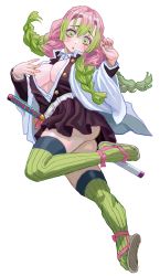 Rule 34 | :o, absurdres, belt, blush, braid, breasts, center opening, cleavage, demon slayer uniform, frilled skirt, frills, full body, green hair, highres, kanroji mitsuri, kimetsu no yaiba, large breasts, long sleeves, looking at viewer, multicolored hair, open clothes, open mouth, pink hair, shiren (ourboy83), simple background, skirt, slippers, sword, thighhighs, twin braids, two-tone hair, upskirt, weapon, white background