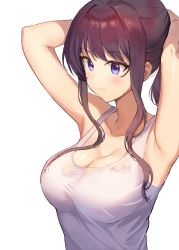 Rule 34 | 1girl, absurdres, armpits, arms behind head, arms up, bare shoulders, blush, breasts, brown hair, cleavage, collarbone, hair intakes, highres, large breasts, long hair, looking away, medium breasts, mole, mole on armpit, no bra, original, ponytail, purple eyes, see-through, shiny skin, shirt, sidelocks, simple background, sleeveless, solo, swept bangs, tank top, taut clothes, taut shirt, upper body, wet, wet clothes, wet shirt, ym (pixiv2132273)