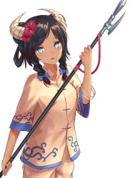 Rule 34 | 1girl, black hair, blue bow, blue eyes, blush, bow, braid, breasts, buttons, cowboy shot, flower, hair bow, hair flower, hair ornament, hair rings, halberd, head tilt, holding, holding weapon, horns, looking at viewer, original, pants, parted bangs, parted lips, polearm, red flower, roke (taikodon), shirt, simple background, small breasts, solo, twin braids, weapon, white background, white pants, white shirt, wide sleeves
