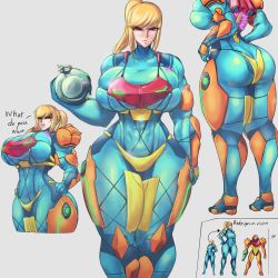 Rule 34 | 1girl, abs, absurdres, adapted costume, alternate breast size, annoyed, ass, blonde hair, blush, breasts, bursting breasts, comparison, covered erect nipples, height difference, highres, huge ass, huge breasts, la potato, metroid, mole, mole under mouth, muscular, muscular female, nintendo, redesign, revealing clothes, samus aran, size difference, skin tight, skindentation, solo, tall female, thick thighs, thighs, towering, varia suit, zero suit