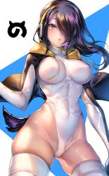 Rule 34 | 10s, 1girl, black hair, black jacket, boots, brown eyes, covered navel, cowboy shot, emperor penguin (kemono friends), hair over one eye, headphones, highleg, highleg leotard, jacket, japari symbol, kemono friends, kinm, leotard, long hair, looking at viewer, multicolored hair, open clothes, open jacket, parted lips, skindentation, solo, standing, tail, thighhighs, white leotard, white thighhighs