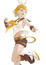 Rule 34 | 1girl, bare shoulders, black collar, black shorts, black sleeves, blonde hair, blue eyes, bow, collar, commentary, crop top, detached sleeves, feet out of frame, from side, hair bow, hair ornament, hairclip, hands up, headphones, headset, highres, kagamine rin, leg up, leg warmers, looking back, midriff, nail polish, navel, neckerchief, open mouth, outstretched arm, sailor collar, shirt, shoes, short hair, short shorts, shorts, shoulder tattoo, sleeveless, sleeveless shirt, smile, solo, swept bangs, symbol-only commentary, tattoo, treble clef, tunapon01, vocaloid, white background, white bow, white footwear, white shirt, yellow nails, yellow neckerchief