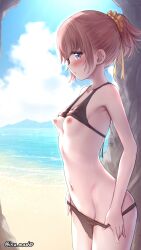 Rule 34 | 1girl, beach, bikini, bikini pull, bikini top lift, black bikini, blue eyes, blue sky, blush, breasts, brown hair, clothes lift, clothes pull, cloud, commentary request, cowboy shot, from side, groin, hair ornament, hair scrunchie, highres, looking at viewer, mountainous horizon, nape, navel, nipples, nushi ma, ocean, original, outdoors, paid reward available, ponytail, profile, pulled by self, rock, scrunchie, short hair, sky, small breasts, solo, standing, stomach, swimsuit, twitter username, undressing, watermark