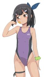 Rule 34 | 1girl, arm at side, bad id, bad twitter id, black hair, blush, brown eyes, bubukka, cowboy shot, fate/kaleid liner prisma illya, fate (series), flat chest, frown, green scrunchie, hair ornament, hair ribbon, hairclip, highleg, highleg swimsuit, looking away, looking to the side, miyu edelfelt, one-piece swimsuit, ponytail, ribbon, scrunchie, simple background, solo, star (symbol), swimsuit, tan, white background