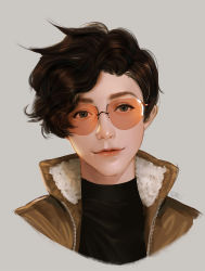 Rule 34 | 1girl, artist name, aviator sunglasses, black shirt, brown hair, brown jacket, closed mouth, commentary, eyebrows, eyelashes, fur-trimmed jacket, fur trim, glasses, grey background, highres, jacket, light smile, lips, looking at viewer, nose, orange-tinted eyewear, orange-tinted glasses, overwatch, overwatch 1, peter xiao, portrait, realistic, rimless eyewear, shirt, short hair, signature, simple background, solo, sunglasses, tinted eyewear, tracer (overwatch), turtleneck, wavy hair, zipper