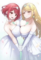 Rule 34 | 2girls, absurdres, backless outfit, bare shoulders, blonde hair, blush, bob cut, breast press, breasts, bride, chest jewel, cleavage, dress, drop earrings, earrings, elbow gloves, gloves, headpiece, highres, holding hands, interlocked fingers, jewelry, large breasts, long hair, looking at viewer, multiple girls, mythra (xenoblade), pyra (xenoblade), red eyes, red hair, short hair, skindentation, smile, swept bangs, symmetrical docking, taro (peach taro51), tiara, very long hair, wedding dress, white dress, xenoblade chronicles (series), xenoblade chronicles 2, yellow eyes