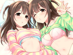 Rule 34 | 2girls, blue bra, blush, bow, bow bra, bra, breasts, brown hair, cleavage, long hair, long sleeves, looking at viewer, lying, medium breasts, midriff, mole, mole under eye, multiple girls, navel, o3o, off-shoulder sweater, off shoulder, official art, ok sign, on back, on bed, one eye closed, open mouth, pillow, pink bra, puckered lips, shirt, siblings, sidelocks, source request, striped clothes, striped shirt, sweater, tsukana (saba mizore), twins, two side up, underboob, underwear, upper body