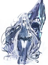 Rule 34 | 10s, 1girl, absurdly long hair, abyssal ship, bare legs, colored skin, dress, kantai collection, long hair, open mouth, purple eyes, simple background, solo, standing, submarine princess, sumisu (mondo), very long hair, white background, white dress, white hair, white skin