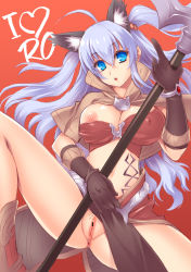 Rule 34 | 1girl, ahoge, animal ears, anus, ass, bar censor, blue eyes, blue hair, boots, breasts, brown gloves, censored, cleavage, covered erect nipples, fake animal ears, female focus, female pubic hair, gloves, highres, large breasts, loincloth, long hair, mage (ragnarok online), matching hair/eyes, navel, ngo (ngo dandelion), nipples, parted lips, pelvic curtain, pointless censoring, pubic hair, pussy, ragnarok online, solo, spread legs, staff, tattoo, twintails