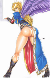 Rule 34 | 1girl, angel wings, ass, blonde hair, boots, breasts, breath of fire, breath of fire ii, bridal gauntlets, chris foulkes, dress, covered erect nipples, finger to mouth, g-string, green eyes, high heel boots, high heels, highres, huge ass, large breasts, legs, long hair, long legs, looking back, nina (breath of fire ii), panties, pink panties, purple wings, side slit, solo, standing, thighs, thong, underwear, white background, window, wings