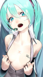 Rule 34 | 1girl, absurdres, aqua eyes, aqua hair, breast tattoo, breasts, character name, chest tattoo, collarbone, collared shirt, commentary request, copyright name, detached sleeves, english text, eyelashes, grey shirt, hair between eyes, hatsune miku, head tilt, headphones, headset, highres, long hair, looking at viewer, no bra, open clothes, open mouth, open shirt, rsk (tbhono), shiny skin, shirt, sidelocks, simple background, sleeveless, small breasts, solo, tattoo, twintails, unzipped, upper body, vocaloid, white background, wide sleeves