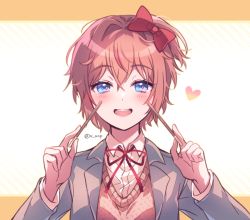 Rule 34 | 1girl, :d, aicedrop, blue eyes, bow, doki doki literature club, food, hair bow, heart, holding, holding food, holding pocky, looking at viewer, open mouth, pink hair, pocky, red bow, sayori (doki doki literature club), school uniform, short hair, smile, solo