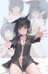 1girl animal_ears ass black_hair black_shirt blue_archive blunt_bangs blush bottomless breasts cat_ears closed_mouth colored_inner_animal_ears colored_inner_hair earrings extra_ears hair_ornament hairclip halo highres jewelry kazusa_(blue_archive) long_sleeves looking_at_viewer multicolored_hair no_bra no_panties open_clothes open_shirt outstretched_arms pink_hair pink_halo reaching reaching_towards_viewer red_eyes ryouta_(ryouta335) shirt short_hair sitting solo translation_request two-tone_hair