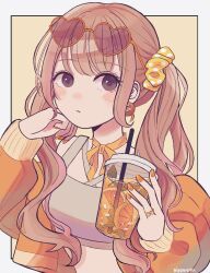 Rule 34 | 1girl, black eyes, border, cup, drinking straw, earrings, eyewear on head, glasses, hand on own chin, heart, heart-shaped eyewear, highres, holding, holding cup, jacket, jewelry, looking at viewer, minacoco3755, nail polish, open clothes, open jacket, orange background, orange hair, orange jacket, orange nails, orange ribbon, orange theme, original, outside border, ribbon, ring, signature, solo, tank top, twintails, upper body, white border