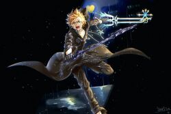 1boy 3582y angry black_coat_(kingdom_hearts) black_pants blonde_hair blue_eyes commentary_request crying crying_with_eyes_open dual_wielding floating_clothes holding holding_weapon hood hood_down hooded_coat keyblade kingdom_hearts male_focus night oathkeeper oblivion_(keyblade) open_mouth outdoors pants rain roxas running running_towards_viewer signature solo spiked_hair tears weapon wet wet_clothes