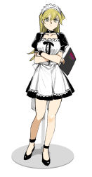 Rule 34 | 1girl, 203wolves, alternate costume, apron, black footwear, black ribbon, black shirt, black skirt, blonde hair, brown eyes, closed mouth, collar, collarbone, crossed arms, enmaided, full body, graphite (medium), hair between eyes, high heels, highres, long hair, looking at viewer, maid, maid headdress, miniskirt, neck ribbon, pleated skirt, pumps, ribbon, shirt, short sleeves, simple background, skirt, solo, standing, straight hair, tenjouin asuka, traditional media, very long hair, white apron, white background, yu-gi-oh!, yu-gi-oh! gx