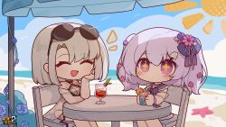 Rule 34 | + +, 2girls, :d, ^ ^, beach, bendy straw, benghuai xueyuan, bikini, black bikini, blue flower, blue rose, blue sailor collar, blue sky, blush, breasts, character request, chibi, cleavage, closed eyes, closed mouth, cloud, cloudy sky, cup, day, drinking glass, drinking straw, eta, eyewear on headwear, feet out of frame, flower, highres, holding, holding cup, honkai (series), horizon, long sleeves, medium breasts, multiple girls, notice lines, ocean, on chair, open mouth, outdoors, purple eyes, purple hair, rose, sailor collar, sand, see-through, see-through cleavage, see-through sleeves, sitting, sky, smile, sun symbol, sunglasses, swimsuit, table, two side up, water