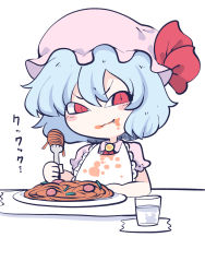 Rule 34 | 1girl, apron, ascot, blue hair, blush, blush stickers, chahan (fried rice0614), chibi, closed mouth, collared dress, commentary request, dress, fang, food, food on face, fork, frills, gem, glass, hair between eyes, hand up, hat, hat ribbon, highres, jewelry, looking to the side, meat, messy, mob cap, one-hour drawing challenge, pasta, pink dress, pink hat, plate, pointy ears, puffy short sleeves, puffy sleeves, red ascot, red eyes, red ribbon, remilia scarlet, ribbon, short hair, short sleeves, simple background, sitting, smile, solo, spaghetti, table, touhou, translation request, v-shaped eyebrows, vegetable, water, white apron, white background