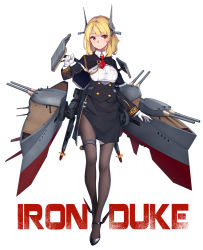 Rule 34 | 1girl, absurdres, anchor, ankle strap, arnold-s, battleship, black pantyhose, blonde hair, cannon, capelet, chain, character name, commentary request, full body, gloves, headgear, high heels, highres, hms iron duke (battleship), jacket, long sleeves, machinery, mecha musume, medium hair, military, military jacket, military uniform, military vehicle, naval uniform, neckerchief, original, pantyhose, personification, propeller, red eyes, red neckerchief, royal navy, searchlight, ship, simple background, skirt, solo, standing, strappy heels, thigh strap, turret, uniform, warship, watercraft, white background, white gloves