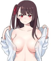 Rule 34 | 1girl, 3:, absurdres, asymmetrical bangs, bad id, bad pixiv id, bare shoulders, blush, breasts, brown hair, closed mouth, collarbone, dress shirt, girls&#039; frontline, hair ribbon, highres, large breasts, long hair, long sleeves, looking at viewer, off shoulder, one side up, open clothes, open shirt, purple hair, rangen, red eyes, ribbon, shirt, simple background, single sidelock, solo, upper body, wa2000 (girls&#039; frontline), white background