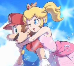 Rule 34 | 1boy, 1girl, ;d, bare arms, blonde hair, blouse, blue eyes, blue sky, brown hair, commentary, dress, earrings, english commentary, highres, hug, hug from behind, mario, mario (series), nintendo, one eye closed, open mouth, outdoors, overalls, pink dress, ponytail, princess peach, princess peach (sunshine), red headwear, red shirt, shirt, sky, smile, sphere earrings, sun, super mario sunshine, water, ya mari 6363