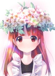 Rule 34 | 1girl, commentary request, flower, flower on head, highres, kemurikusa, long hair, looking at viewer, red eyes, red hair, rina (kemurikusa), simple background, smile, solo, straight hair, usapenpen2019, wreath