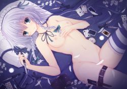 Rule 34 | 1girl, ace (playing card), ace of spades, bad id, bad pixiv id, black-framed eyewear, blanket, blue bow, blue ribbon, book, bow, braid, breasts, card, collarbone, commentary request, cowboy shot, feathers, flower, glasses, groin, hair between eyes, hair bow, hair ribbon, hand on own chest, hand up, highres, holding, holding knife, holding weapon, holster, izayoi sakuya, jewelry, knife, lace, lace-trimmed legwear, lace trim, light particles, looking at viewer, lying, maid headdress, medium breasts, mimi (rasy5002), navel, neck ribbon, nipples, nude, on back, pendant, pillow, playing card, purple flower, reverse grip, ribbon, short hair, single thighhigh, smile, solo, spade (shape), stomach, striped clothes, striped thighhighs, thigh holster, thighhighs, thighs, touhou, twin braids, unworn eyewear, weapon, white flower