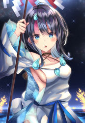 Rule 34 | 1girl, armpits, bare shoulders, black hair, blue eyes, blue ribbon, blush, breasts, chestnut mouth, collarbone, dress, fate/grand order, fate/requiem, fate (series), highres, jewelry, long sleeves, looking at viewer, magatama, magatama hair ornament, medium breasts, medium hair, multicolored hair, necklace, night, night sky, open mouth, pelvic curtain, pink hair, polearm, puffy long sleeves, puffy sleeves, ribbon, seigaiha, short dress, sideboob, sideless outfit, sky, spear, star (sky), starry sky, streaked hair, thighs, tsukasa tsubasa, utsumi erice, water, weapon, white dress