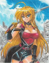 Rule 34 | 1girl, 2018, absurdres, bare shoulders, belt, belt collar, black gloves, blonde hair, blue eyes, breasts, building, cleavage, coat, collar, collarbone, day, debris, fingerless gloves, gloves, hair between eyes, highres, holding, holding sword, holding weapon, large breasts, megan sasaki (ravernclouk design), original, ravernclouk design, red shirt, shirt, sky, sleeveless, solo, sword, thick thighs, thighs, traditional media, weapon