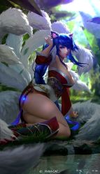 Rule 34 | 1girl, ahri (league of legends), animal ears, areola slip, arm support, armpits, ass, blue eyes, blue hair, boots, braid, breasts, c-a-t c-a-t, cleavage, closed mouth, detached sleeves, facial mark, fox ears, fox tail, highres, knee boots, korean clothes, large breasts, league of legends, long hair, looking at viewer, looking back, low neckline, matching hair/eyes, multiple tails, outdoors, panties, pantyshot, plant, realistic, sitting, solo, tail, twitter username, underwear, very long hair, water, water drop, watermark, white panties